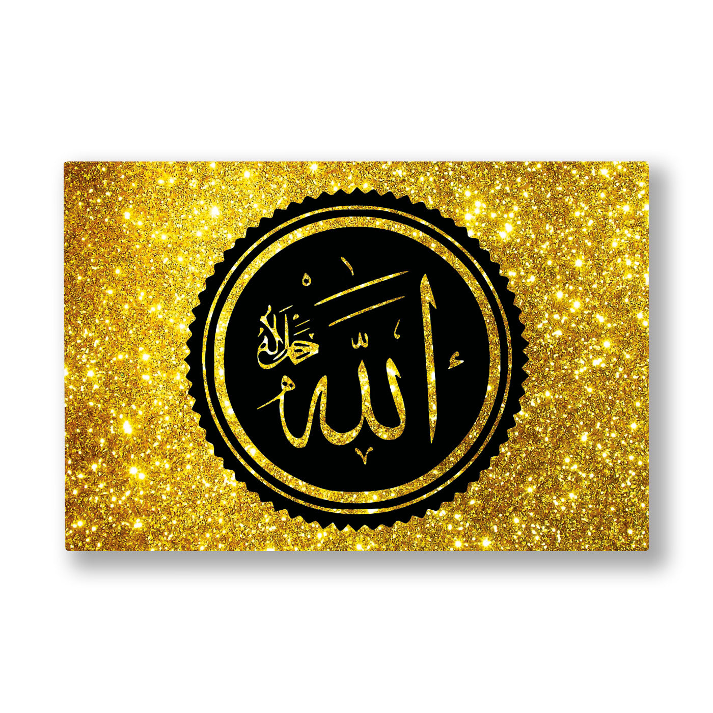 Altın Simli Allah Lafzı kanvas tablo — Baştan sona altın simle kaplı bir zeminde, tırtıklı kenarlı siyah bir daire içinde altın hat istifi.