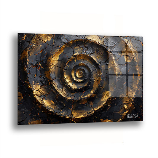 Altın Siyah Spiral cam tablo — Çatlamış altın bir spiral, kendi merkezine doğru kıvrılıyor.