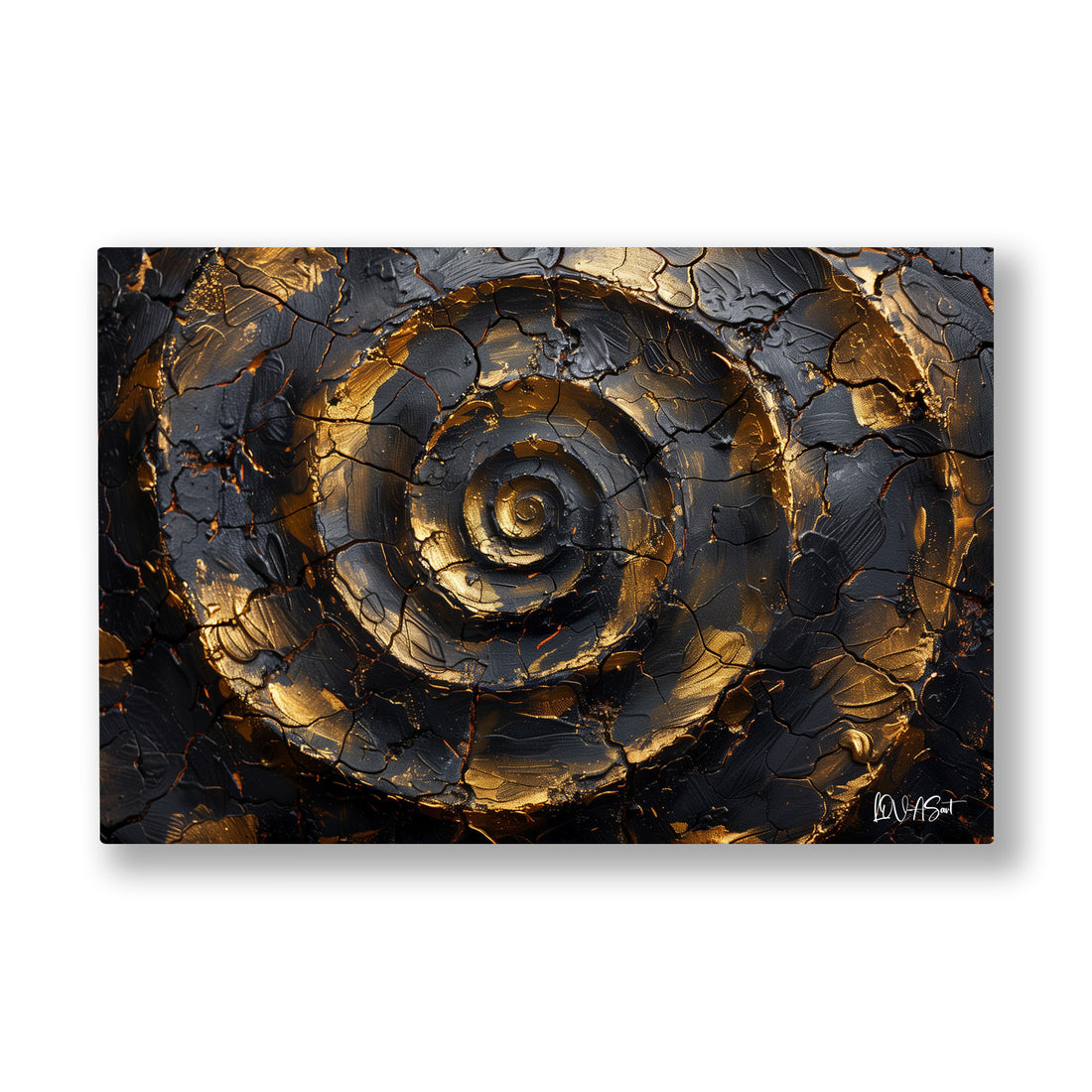 Altın Siyah Spiral kanvas tablo — Kabuğunu altın çatlaklarla örmüş, dönerek derinleşen kadim bir spiral.