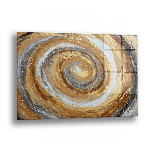 Altın Spiral 2 cam tablo — Kahve, bej ve beyaz tonlar bir spiralin içinde dönüyor.