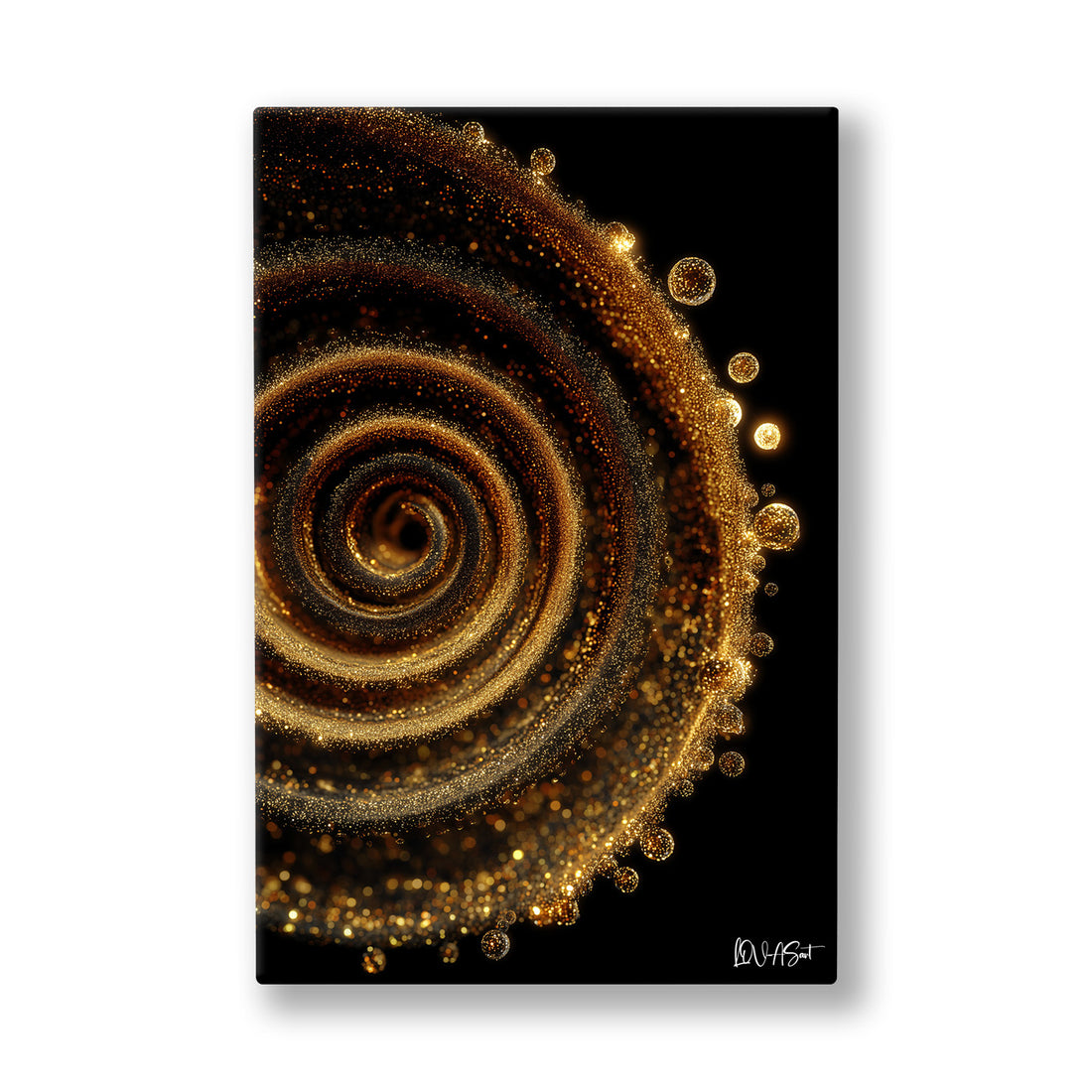 Altın Spiral 3 kanvas tablo — Gece siyahının içinden doğan, kenarı altın kabarcıklarla süslü bir sarmal.