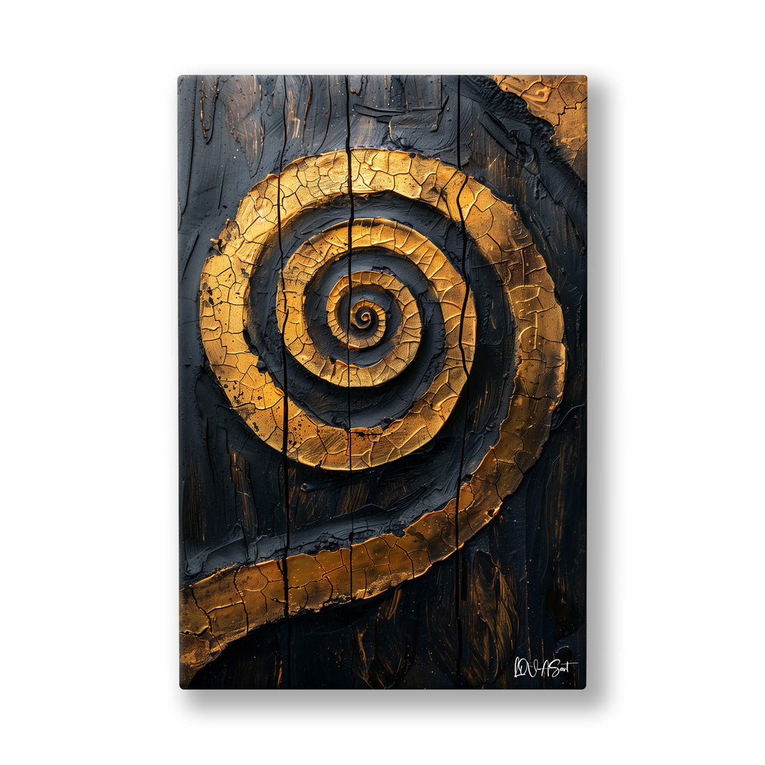 Altın Spiral 4 kanvas tablo — Lacivert ve kömür dokusuna oyulmuş, kalın altın bir salyangoz sarmalı.