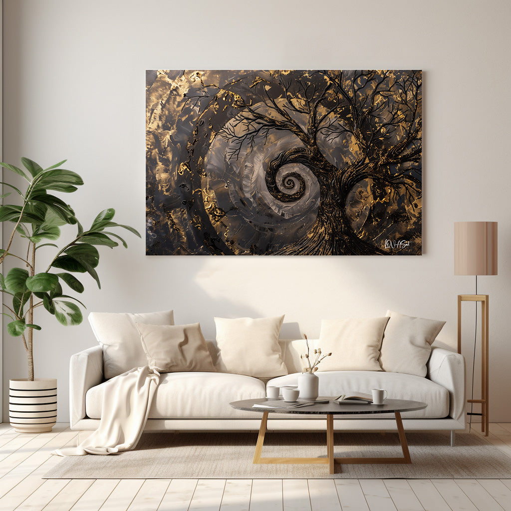 Altın Spiral Ağaç kanvas tablo — duvarda dekorasyon görünümü