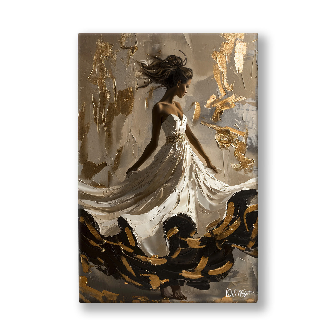Altın Tozlu Dans Eden Kadın kanvas tablo — Eteği rüzgâr gibi savrulurken dönen, altın tozla sarılı dansçı kadın.