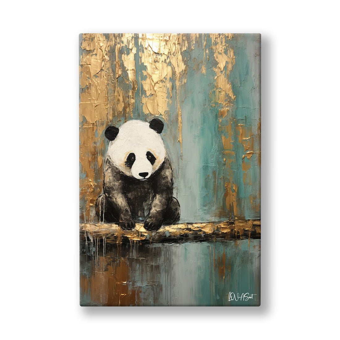 Altın Turkuaz Panda kanvas tablo — Turkuaz ve altın lekelerin ortasında usulca oturan sevimli bir panda.