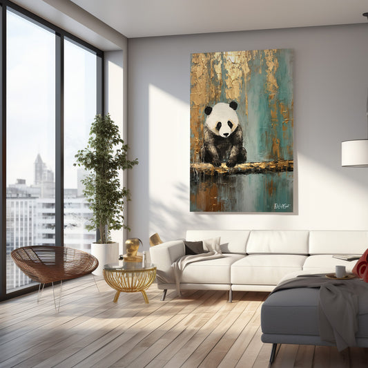 Altın Turkuaz Panda kanvas tablo — iç mekân uygulama örneği