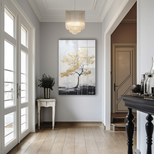 Altın Yapraklı İnce Ağaç cam tablo — iç mekân uygulama örneği