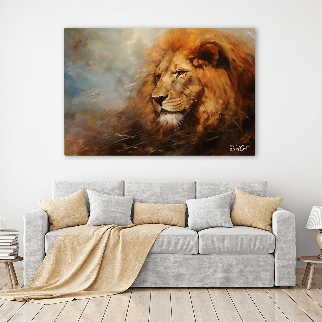 Altın Yeleli Aslan 2 kanvas tablo — iç mekân uygulama örneği
