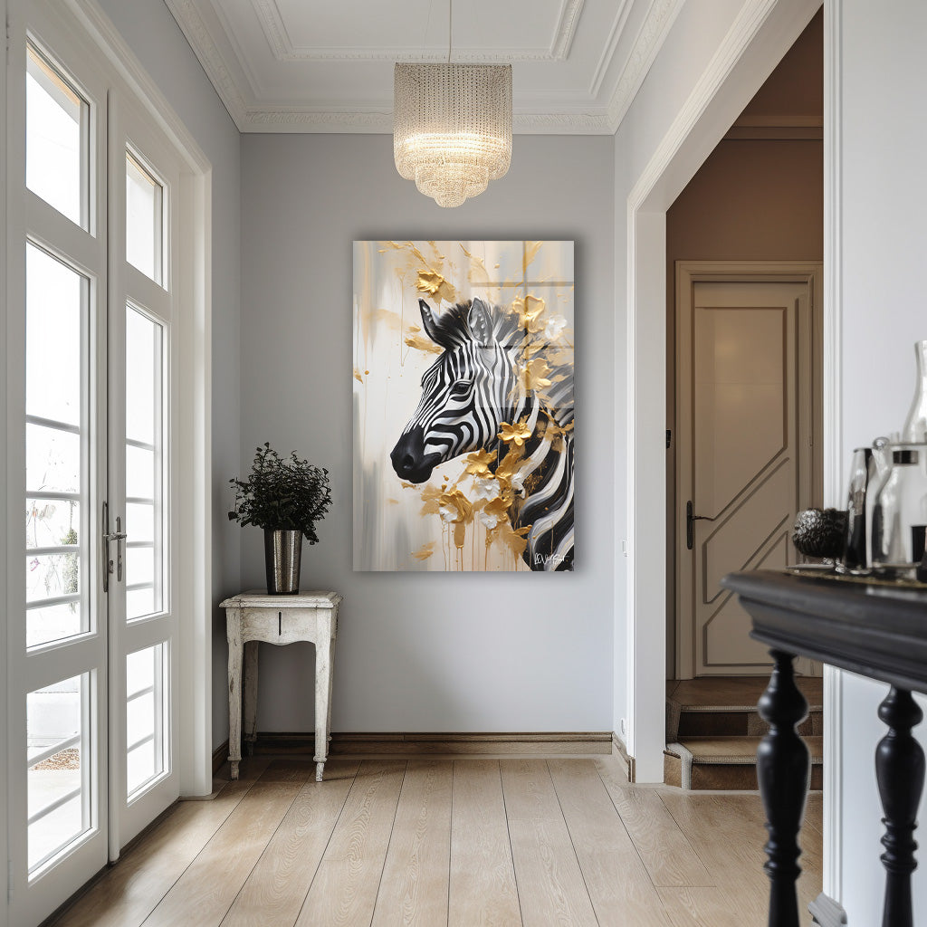 Altın Yeleli Zebra cam tablo — iç mekân uygulama örneği