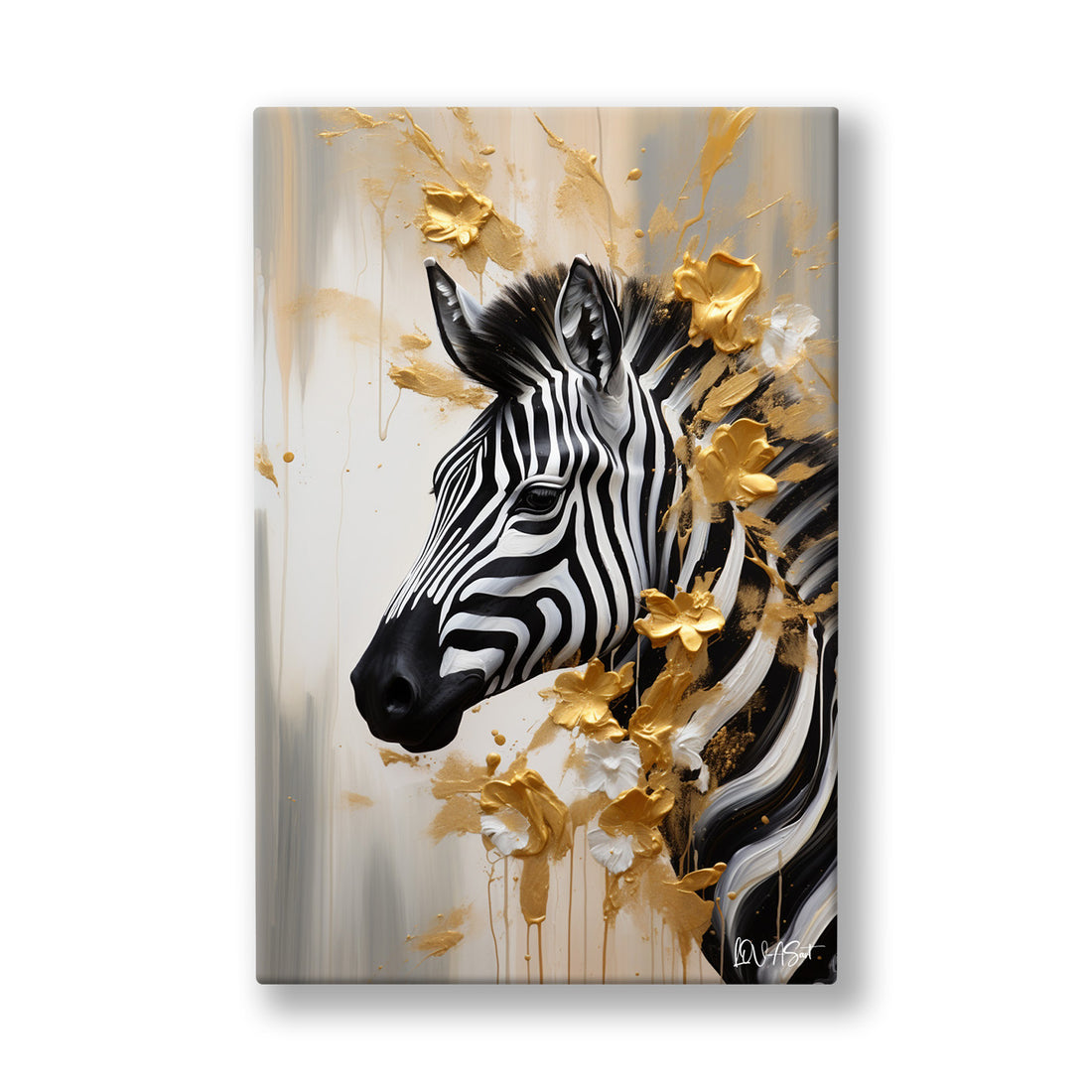 Altın Yeleli Zebra kanvas tablo — Gri sisin içinden çıkan zebranın çizgileri altın yapraklarla karışıyor.