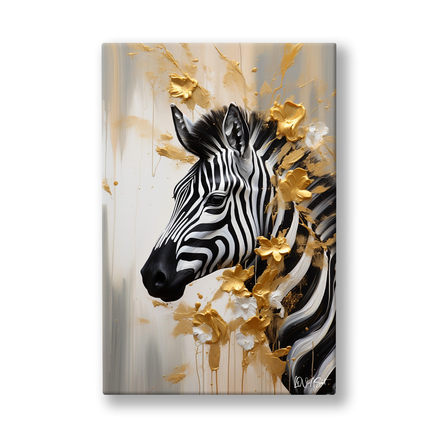 Altın Yeleli Zebra kanvas tablo — Gri sisin içinden çıkan zebranın çizgileri altın yapraklarla karışıyor.