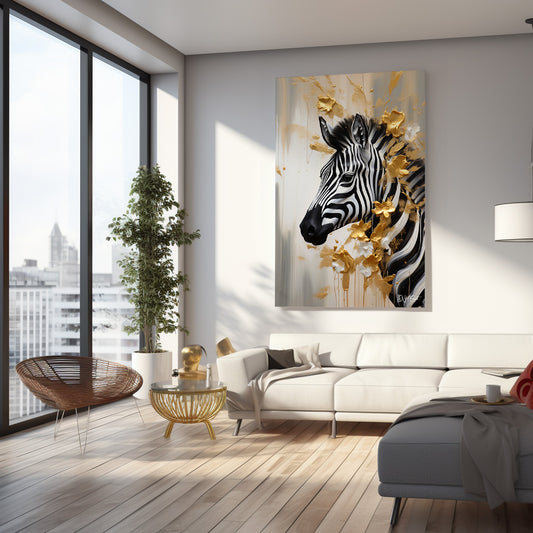 Altın Yeleli Zebra kanvas tablo — iç mekân uygulama örneği