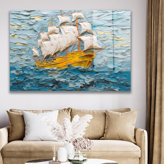 Altın Yelkenli Kalyon cam tablo — duvarda dekorasyon görünümü