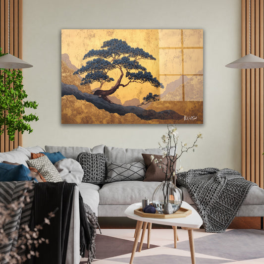Altın Zeminde Bonsai cam tablo — duvarda dekorasyon görünümü
