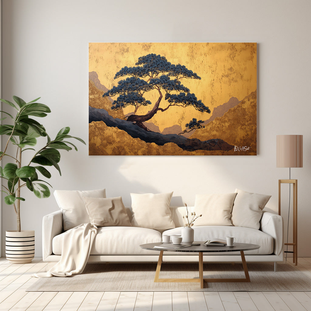 Altın Zeminde Bonsai kanvas tablo — duvarda dekorasyon görünümü