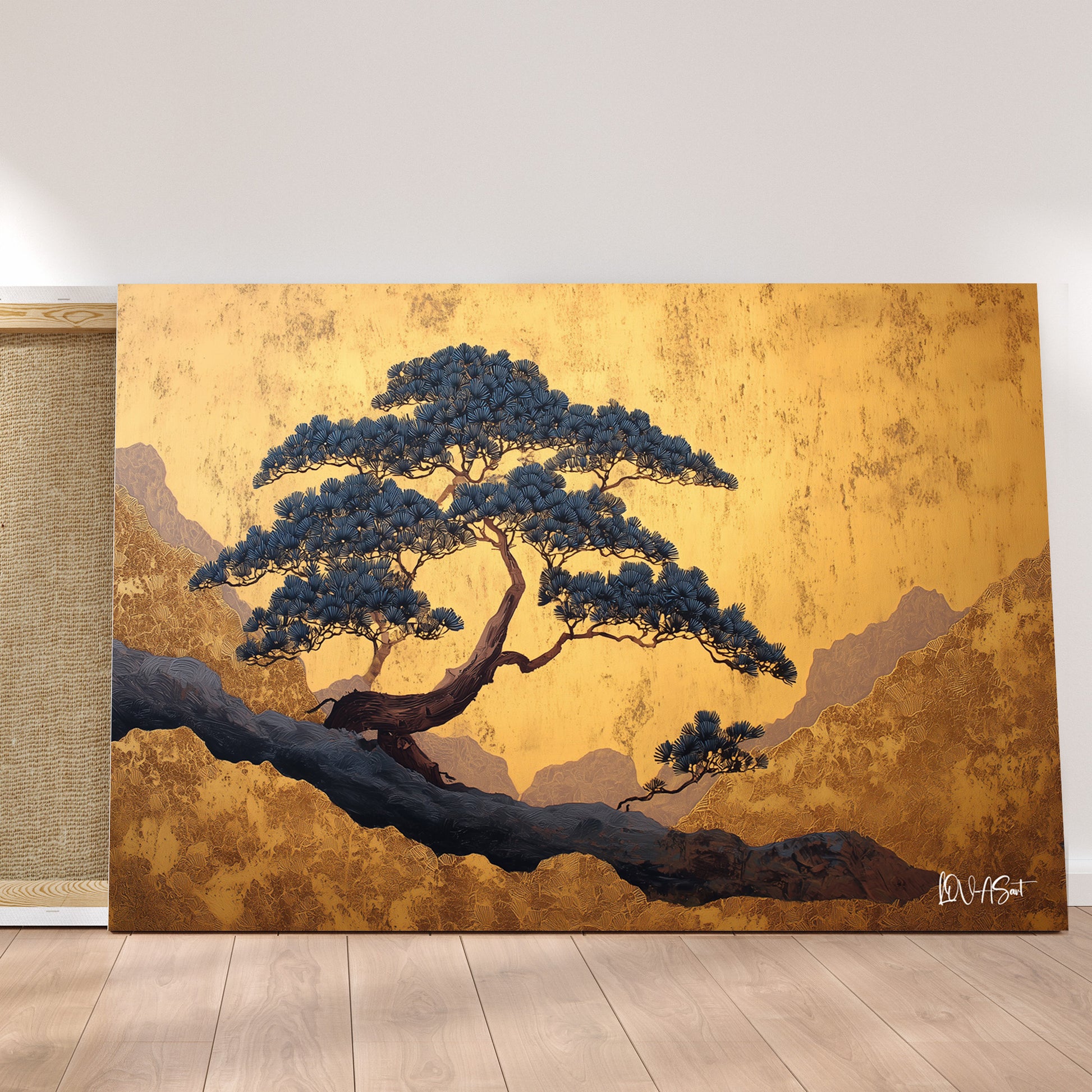 Altın Zeminde Bonsai kanvas tablo — iç mekân uygulama örneği