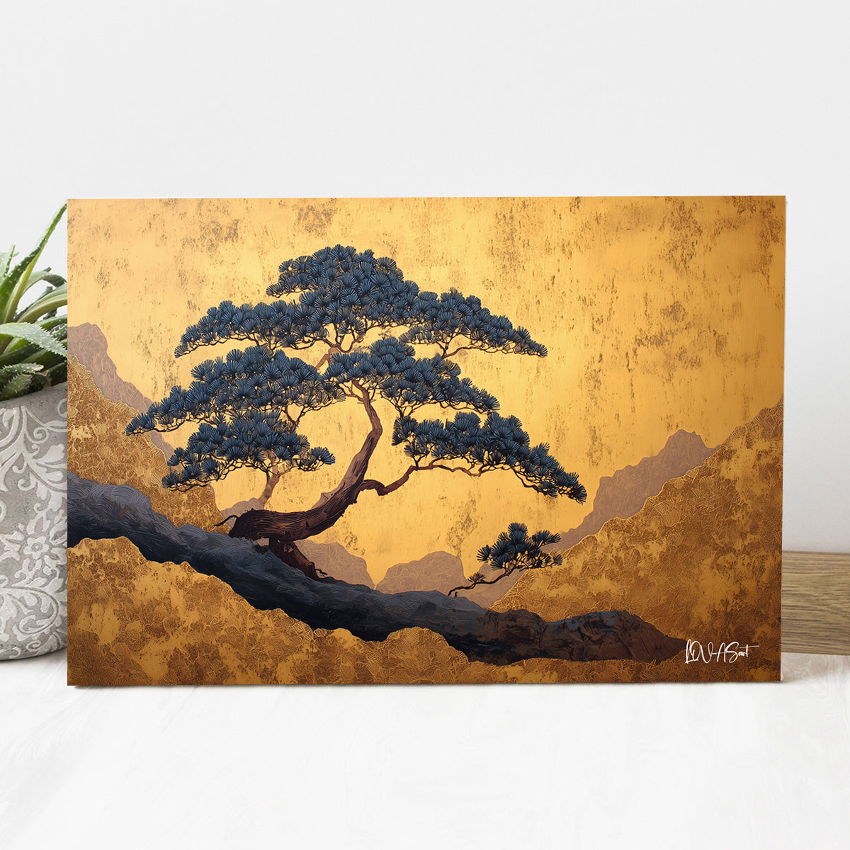 Altın Zeminde Bonsai kanvas tablo — farklı açıdan görünüm