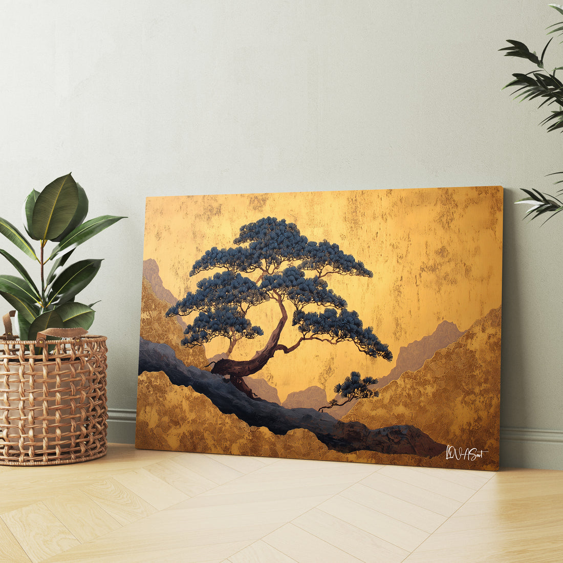 Altın Zeminde Bonsai kanvas tablo — ek dekorasyon görünümü