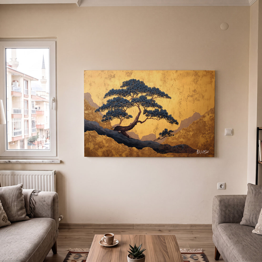 Altın Zeminde Bonsai kanvas tablo — detay görünümü