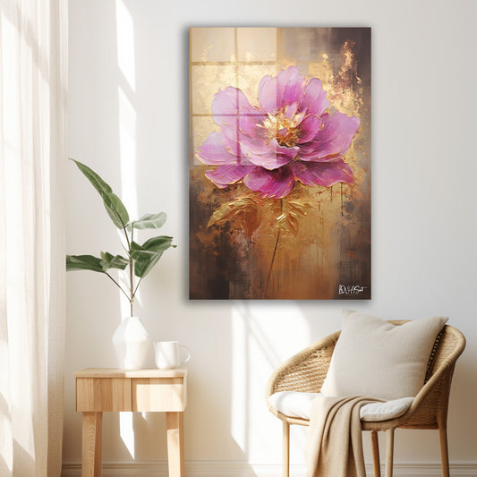 Altın Zeminde Mor Şakayık cam tablo — duvarda dekorasyon görünümü