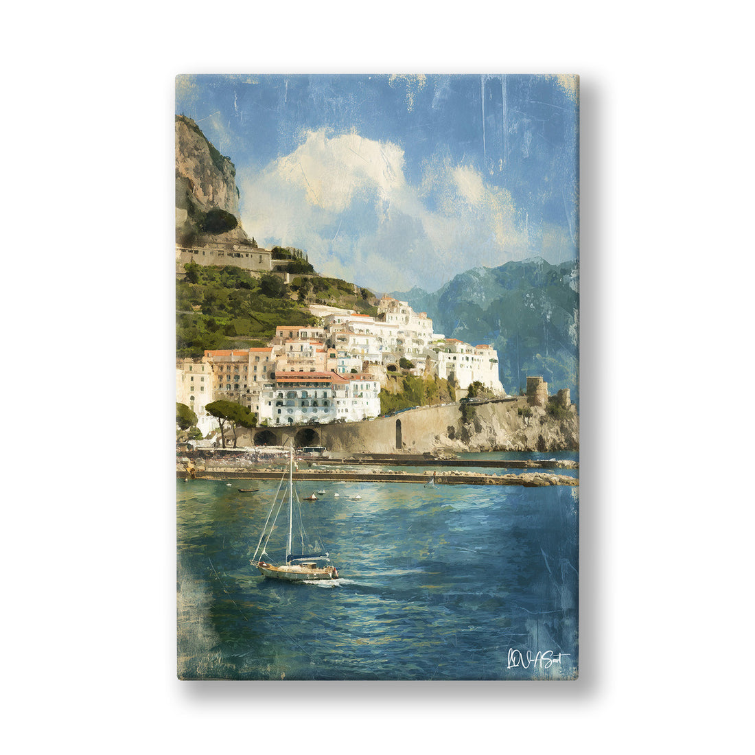 Amalfi Koyu kanvas tablo — Amalfi yamacına dizilmiş evler ve turkuaz koyda demirli yelkenli.