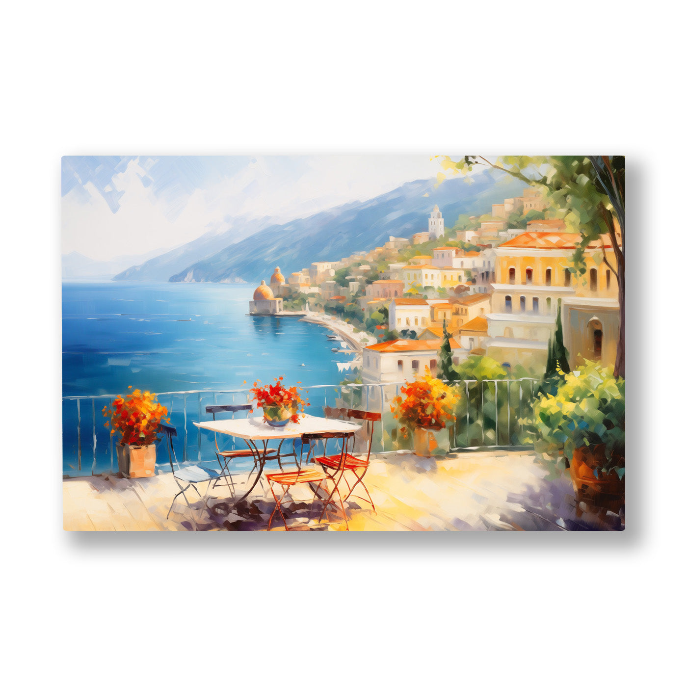 Amalfi Sahil Terası kanvas tablo — Çiçekli bir terastan koya bakan iki sandalye ve turkuaz Akdeniz.