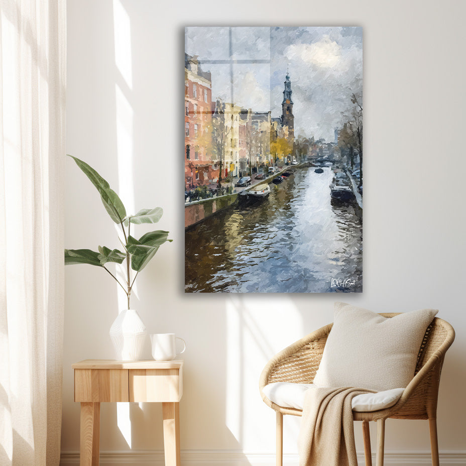 Amsterdam Kanalı cam tablo — duvarda dekorasyon görünümü