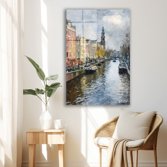 Amsterdam Kanalı cam tablo — duvarda dekorasyon görünümü