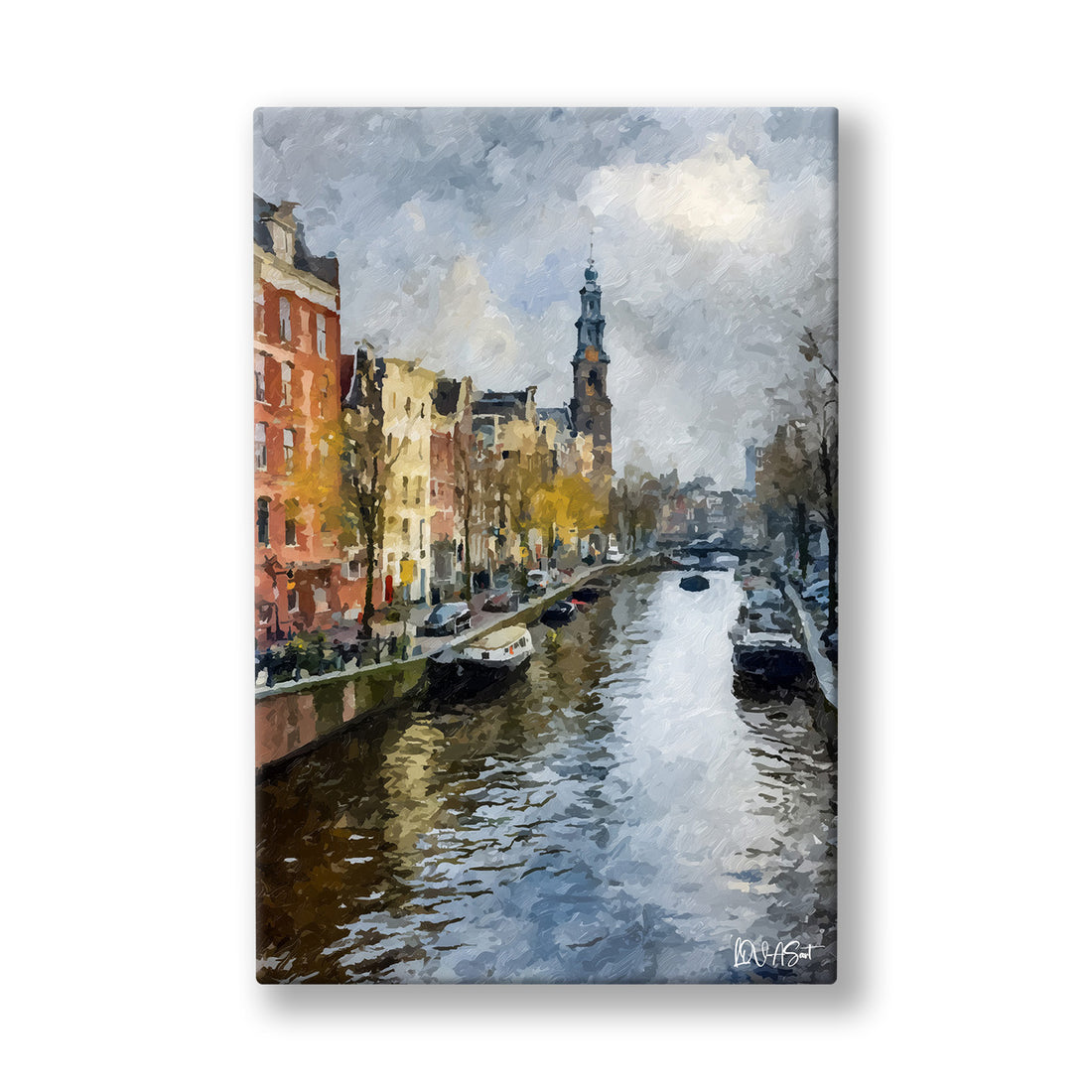 Amsterdam Kanalı kanvas tablo — Amsterdam kanalında yansıyan tarihi cepheler ve bağlı tekneler.