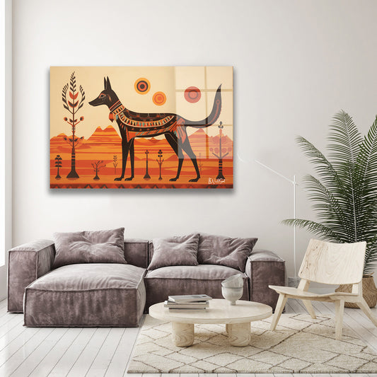 Anubis Figürü cam tablo — duvarda dekorasyon görünümü