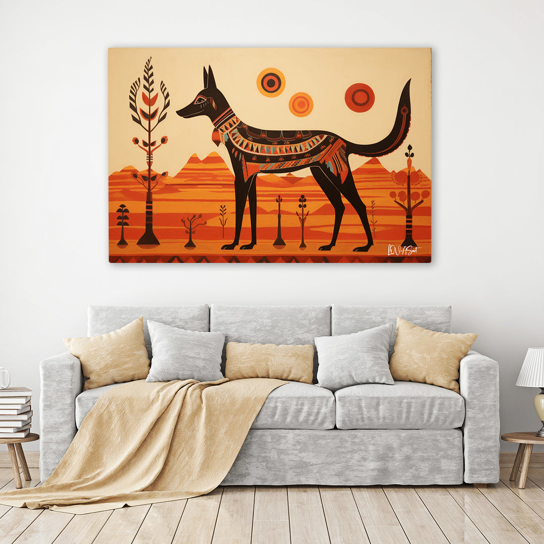 Anubis Figürü kanvas tablo — iç mekân uygulama örneği