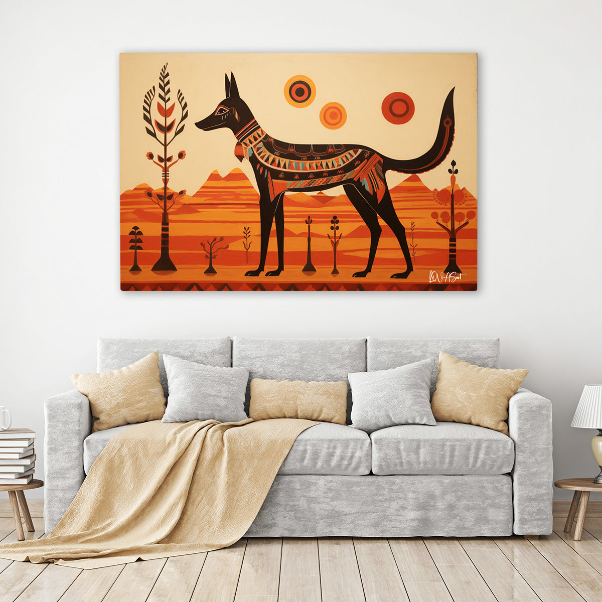 Anubis Figürü kanvas tablo — iç mekân uygulama örneği