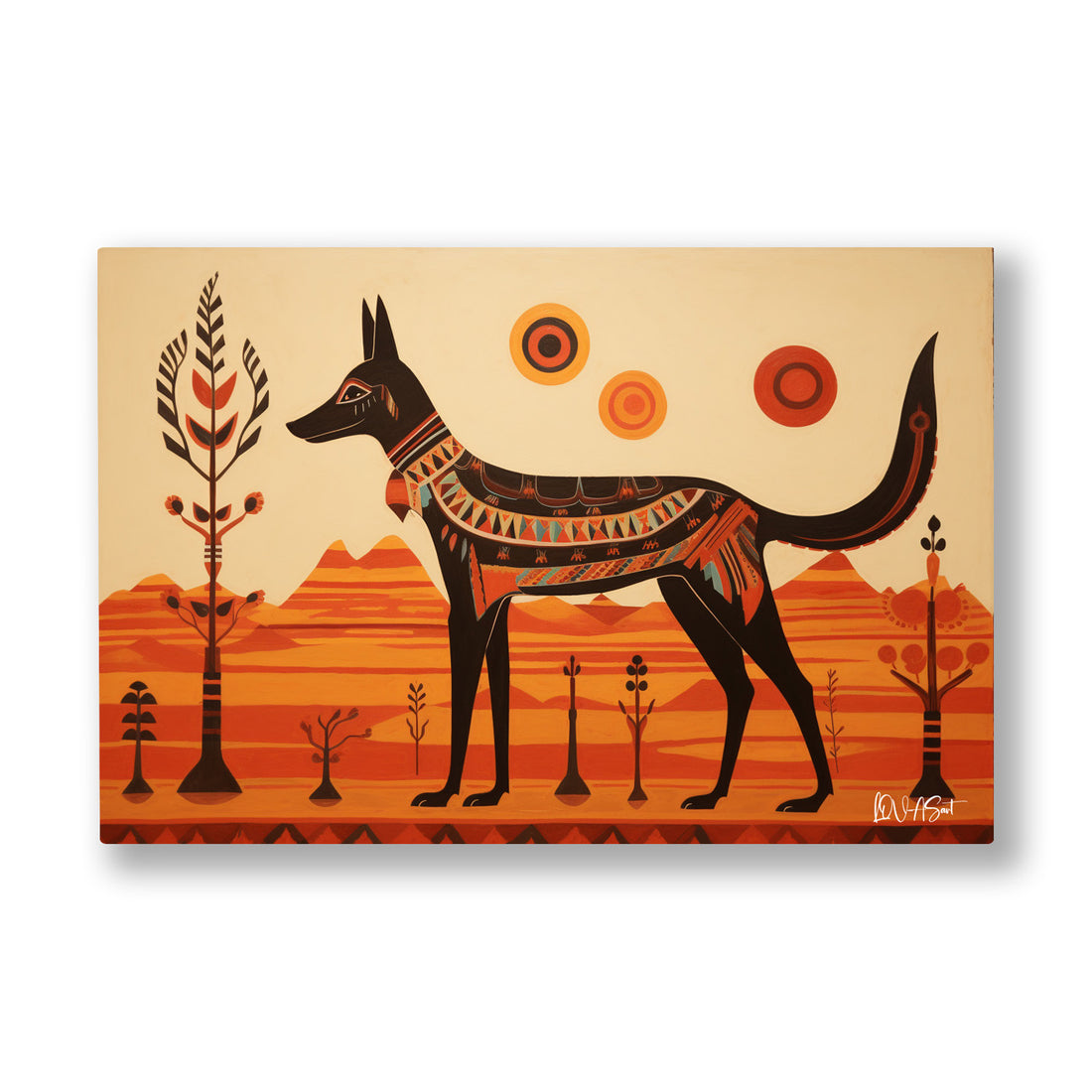 Anubis Figürü kanvas tablo — Turuncu çöl ufkunda dimdik duran siyah Anubis figürü ve üç güneş.