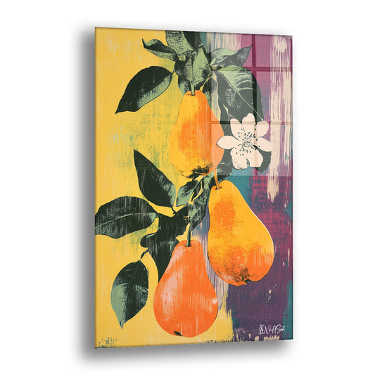 Armut cam tablo — sarı zeminde parlayan turuncu armutları baskı sanatı havasında neşeyle sunar.