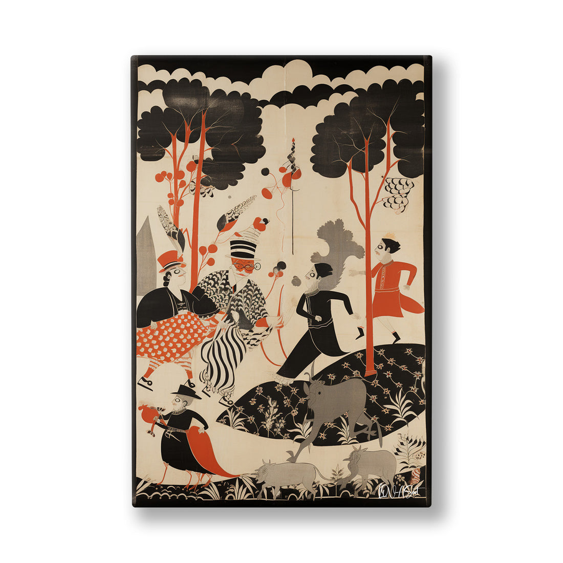 Art Deco Figürler kanvas tablo — Krem zeminde siyah ve kırmızı art deco figürlerin bahçedeki dansı.