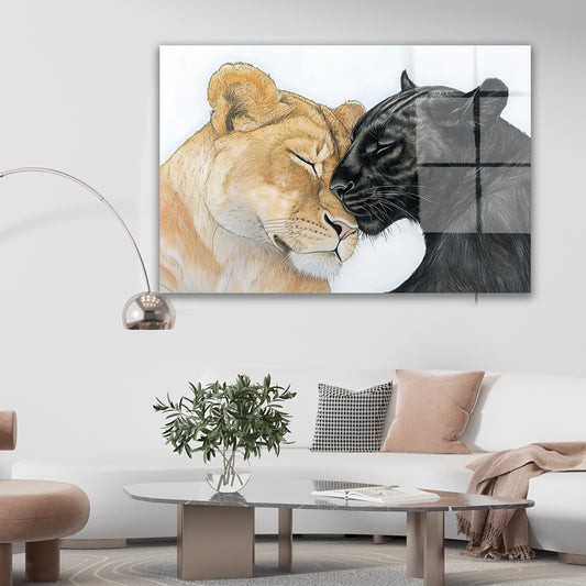 Aslan ve Kara Panter cam tablo — farklı açıdan görünüm