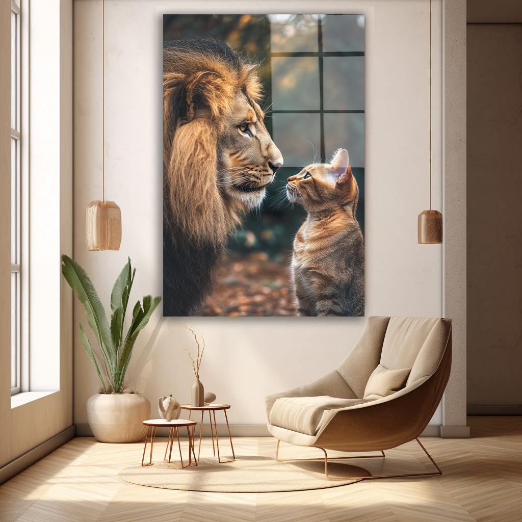 Aslan ve Kedi Yavrusu cam tablo — duvarda dekorasyon görünümü