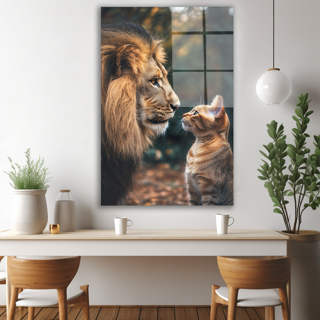 Aslan ve Kedi Yavrusu cam tablo — iç mekân uygulama örneği