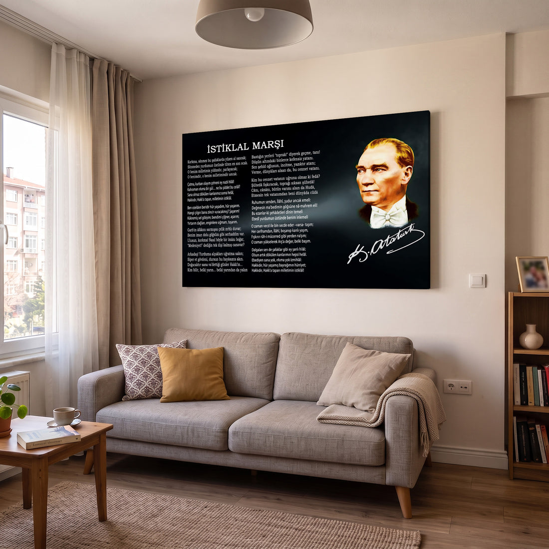 Atatürk Portreli İstiklal Marşı kanvas tablo — duvarda dekorasyon görünümü