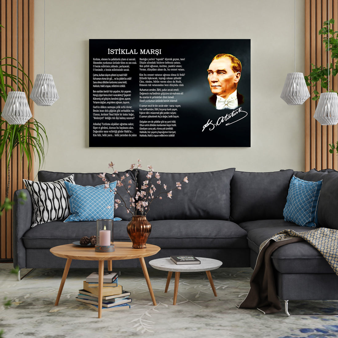 Atatürk Portreli İstiklal Marşı kanvas tablo — iç mekân uygulama örneği
