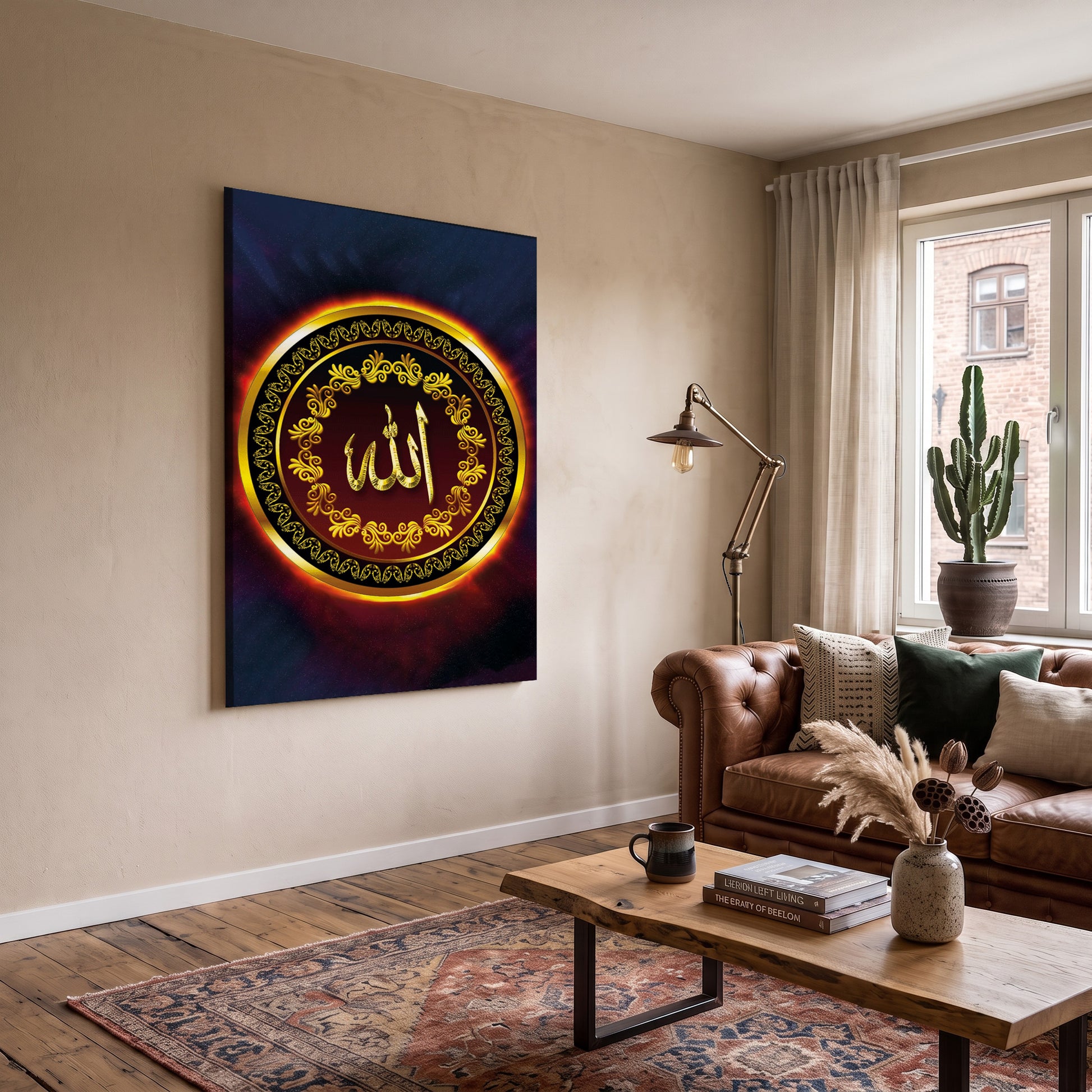 Ateş Halkalı Allah Lafzı kanvas tablo — iç mekân uygulama örneği