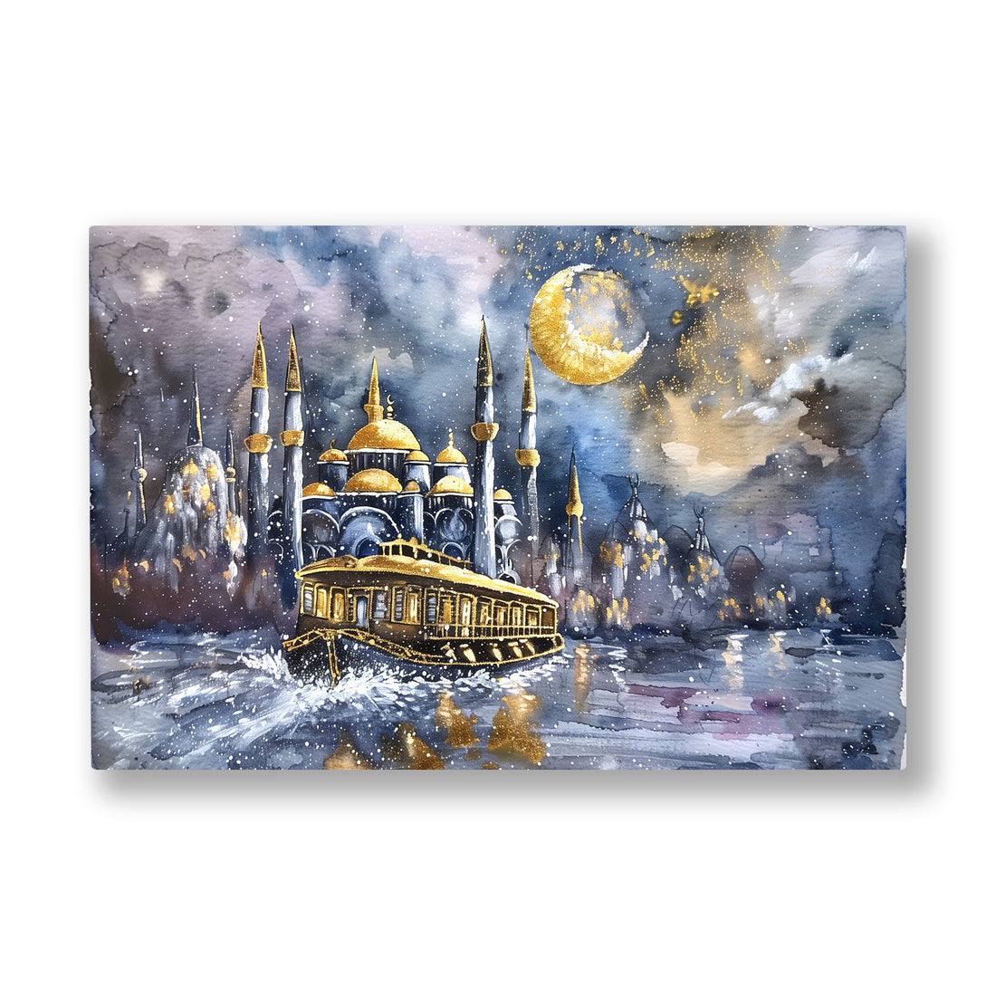 Ay Altında Camiler kanvas tablo — Ay ışığı altında altın kubbeleri ve minareleriyle parlayan camiler.