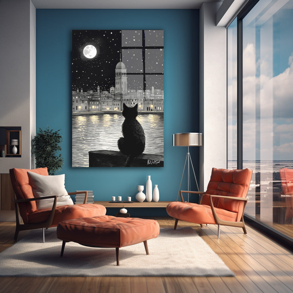Ay Işığında Kara Kedi cam tablo — farklı açıdan görünüm