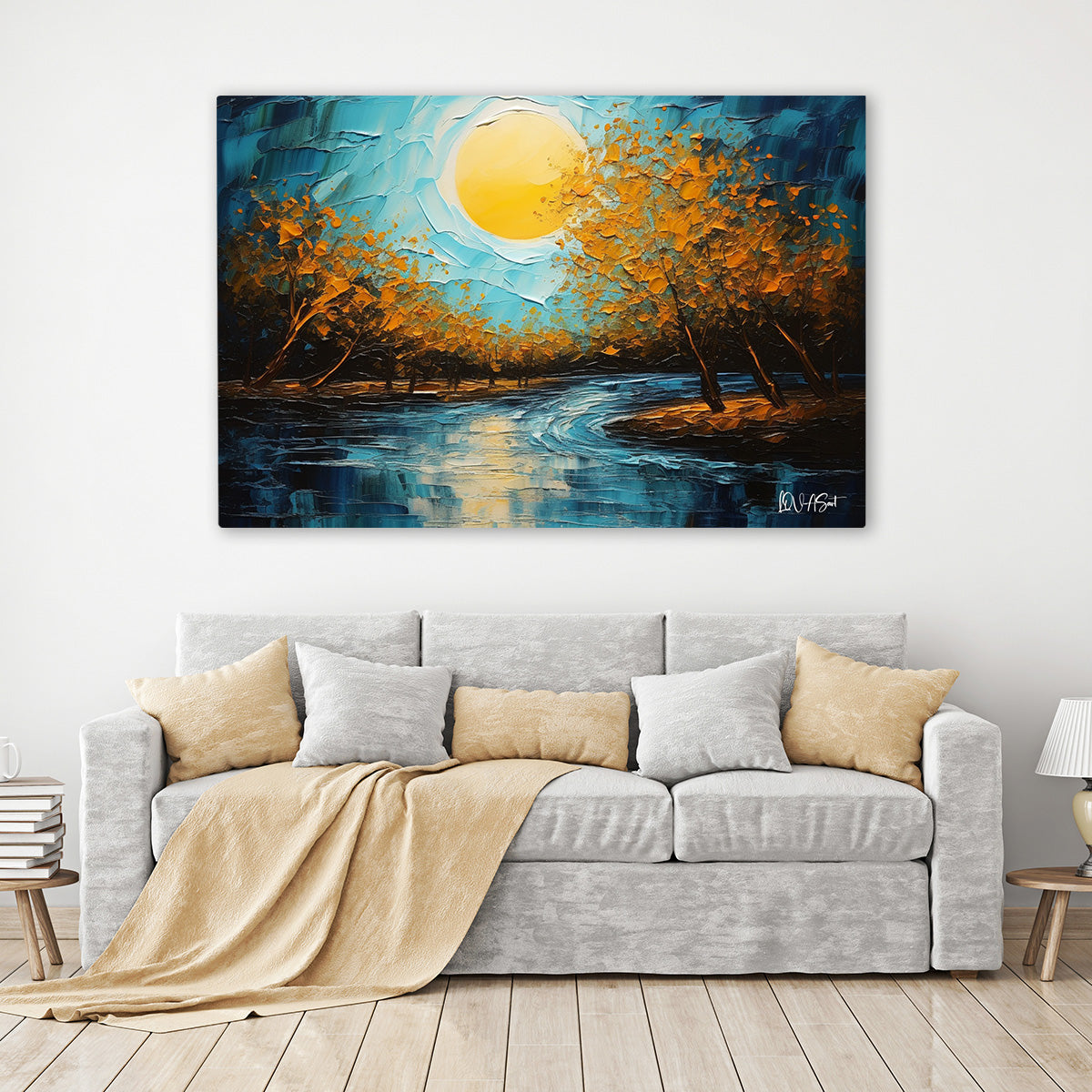 Ay Işığında Sonbahar Nehri kanvas tablo — iç mekân uygulama örneği