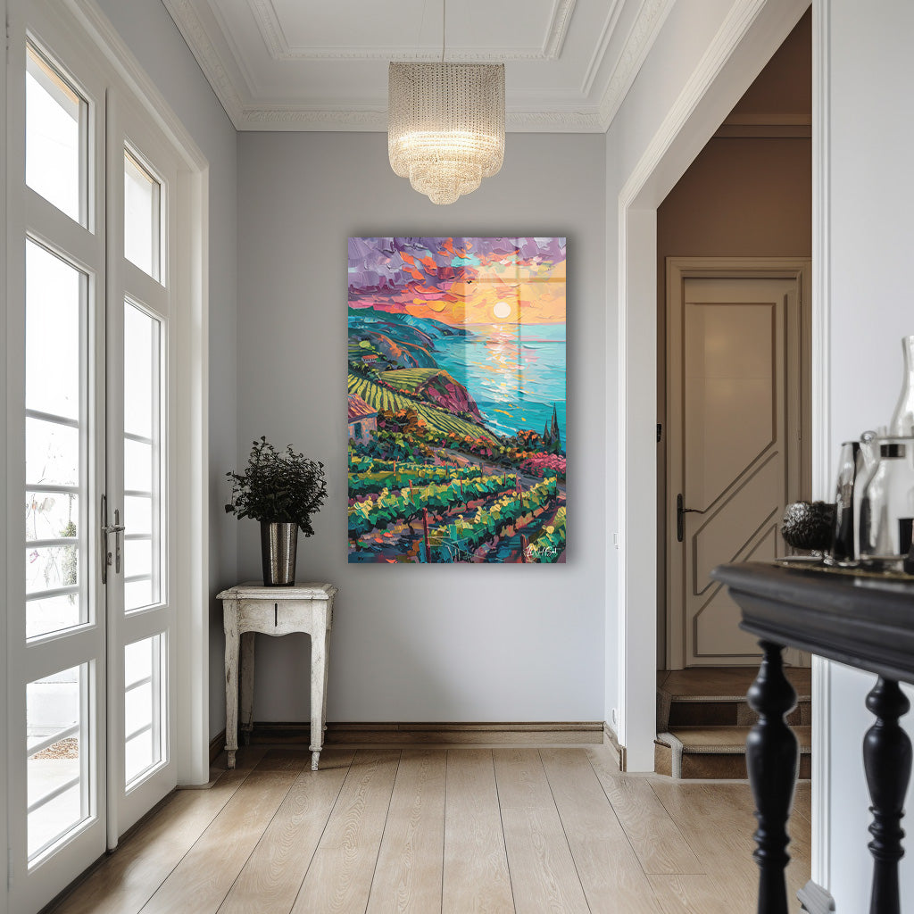 Bağ Manzarası Gün Batımı cam tablo — iç mekân uygulama örneği