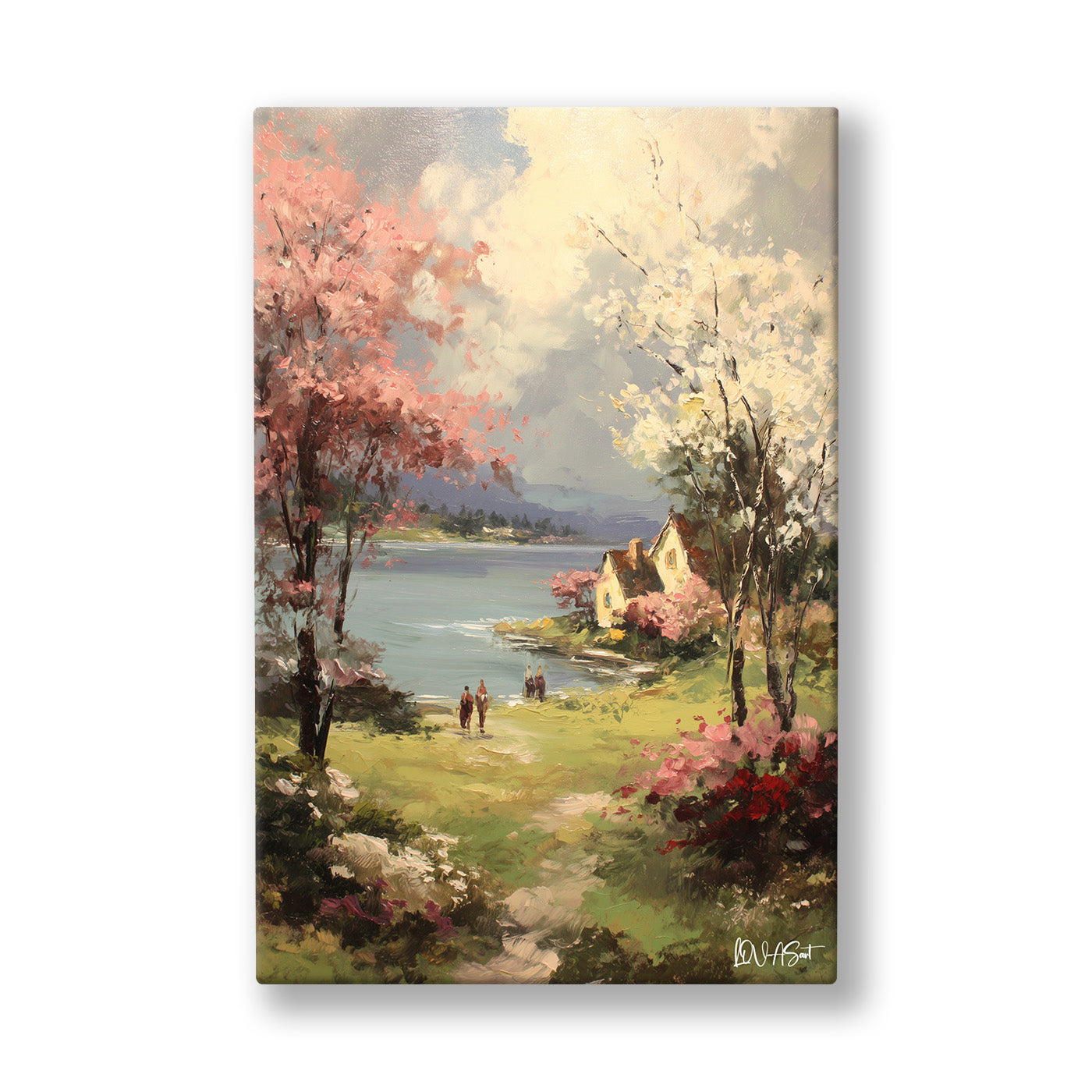 Bahar Kıyısında Ev kanvas tablo — Pastel bir kıyıda çiçekli ağaçlar, küçük evler ve yürüyen iki figür.