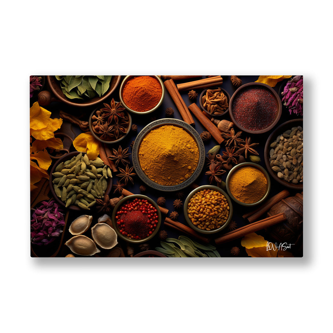 Baharat Kaseleri kanvas tablo — Tarçın çubukları ve yıldız anasonun çevrelediği koyu baharat kaseleri.