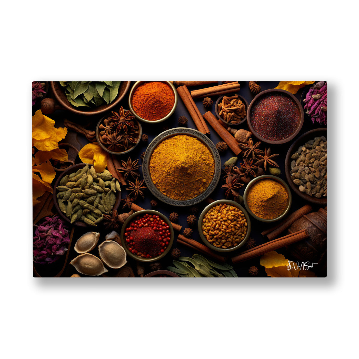 Baharat Kaseleri kanvas tablo — Tarçın çubukları ve yıldız anasonun çevrelediği koyu baharat kaseleri.