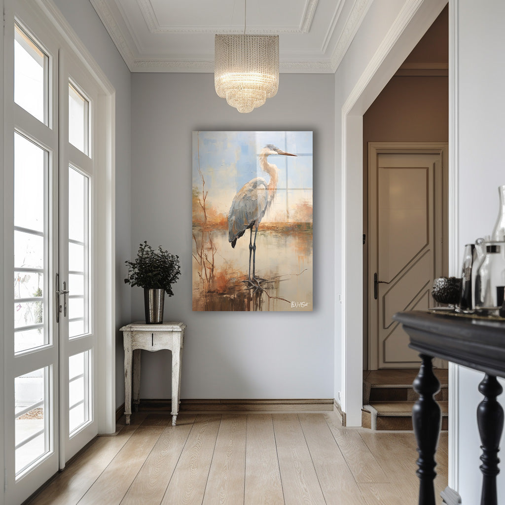 Balıkçıl Kuşu 3 cam tablo — iç mekân uygulama örneği