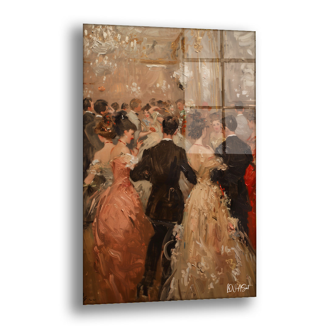 Balo Salonu cam tablo — uzun abiyeli kadınlar ve siyah fraklı erkeklerin doldurduğu bir salonun kalabalığını empresyonist bir